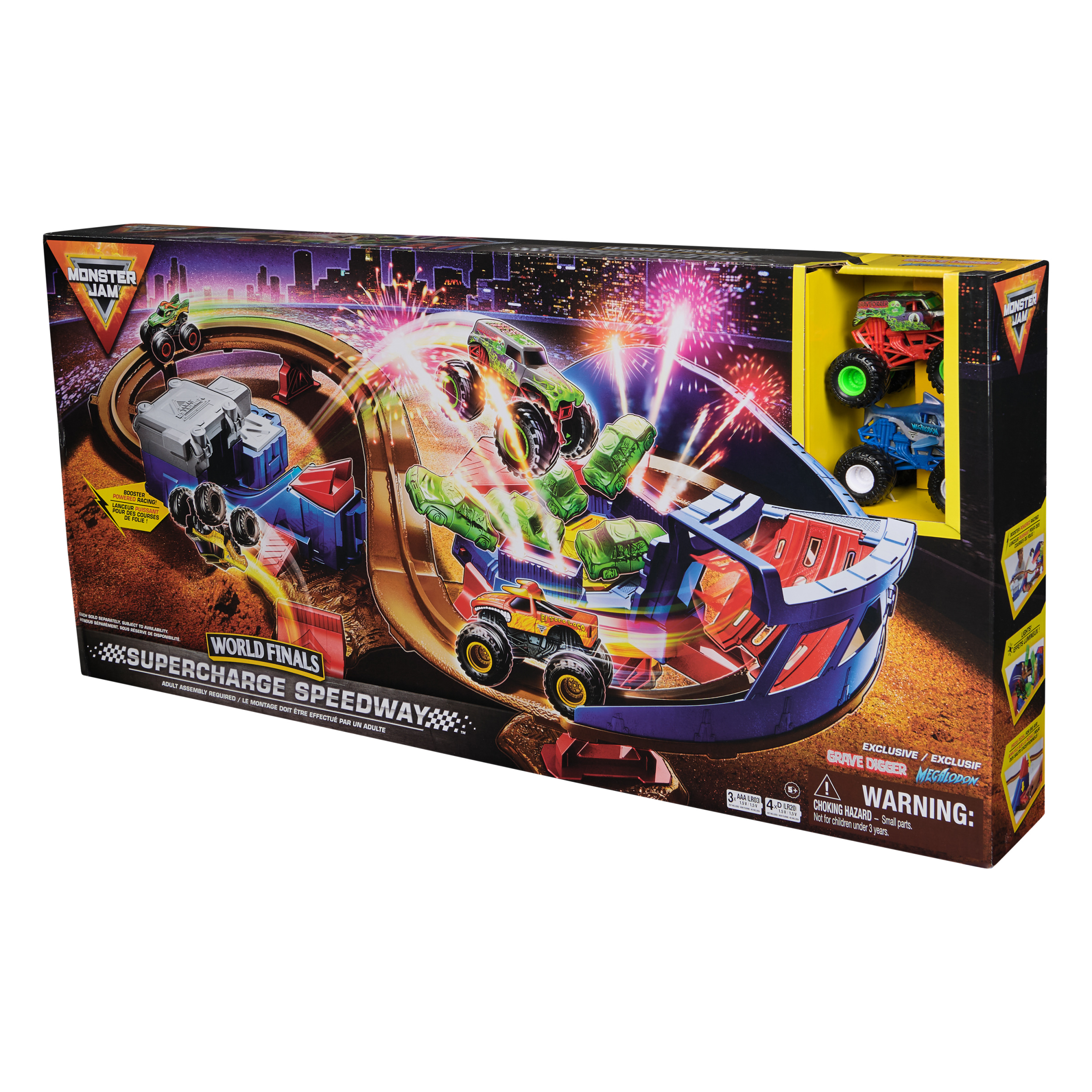 Monster Jam Supercharge Speedway Playset Megalodon and El Toro Loco Die Cast Monster Trucks Light Up World Finals Track Kids Toys for Boys Ages 3 Spin Master