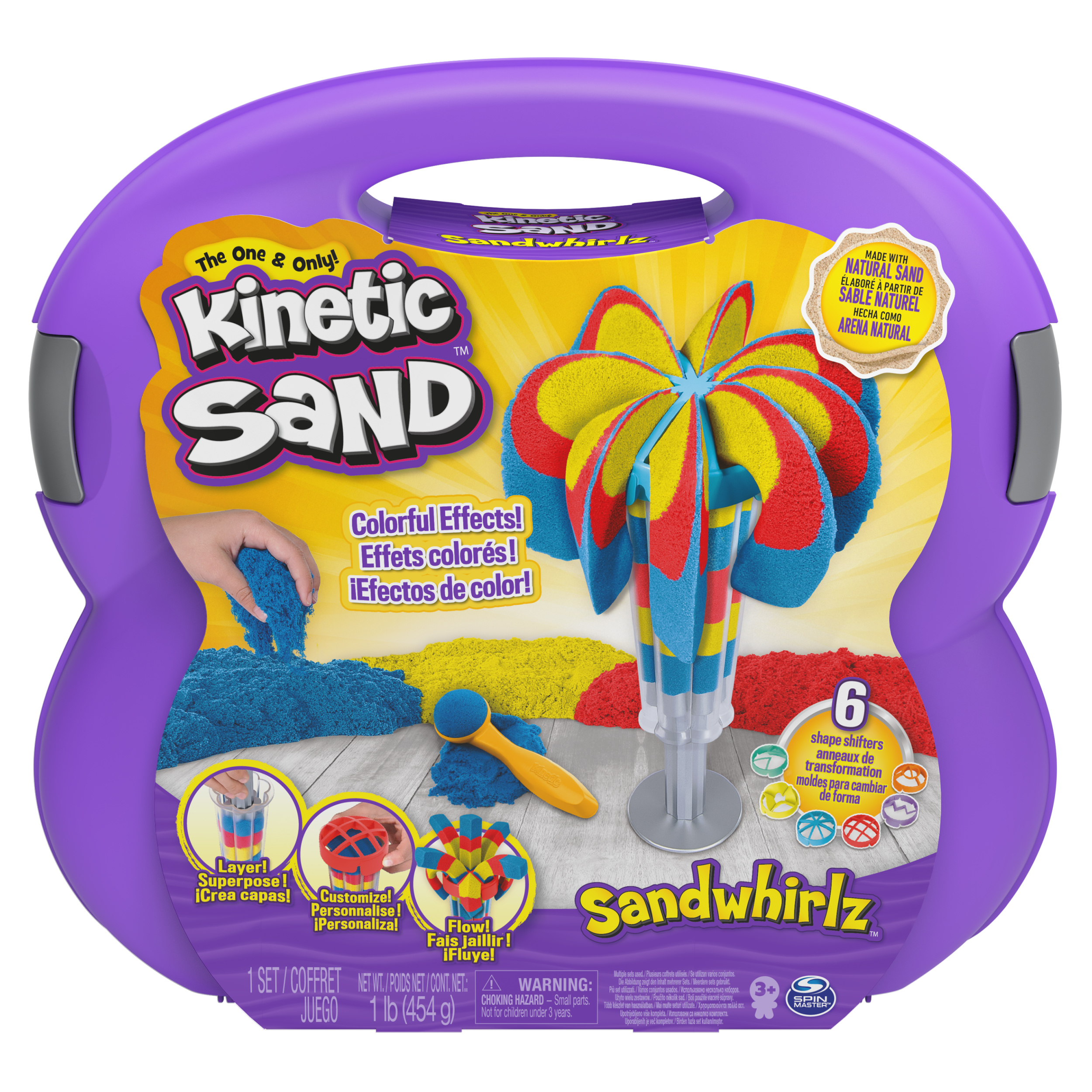 Kinetic Sand Sandwhirlz Playset with 3 Colors of Kinetic Sand 1lb and Over 10 Tools Play Sand Sensory Toys for Kids Aged 3 and up Spin Master