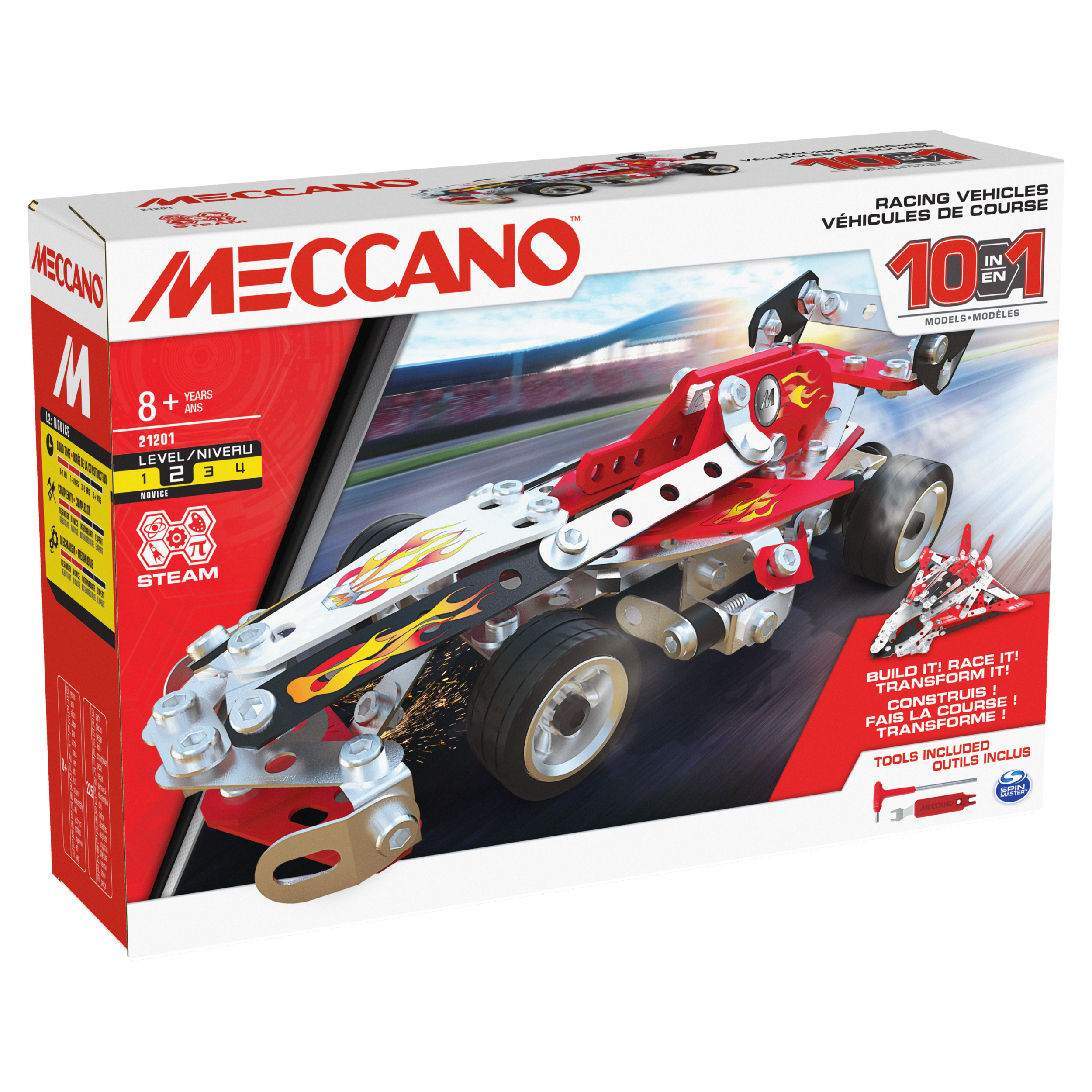 Meccano 10 in 1 Racing Vehicles STEM Model Building Kit with 225 Parts and Real Tools Kids Toys for Ages 8 and up Spin Master